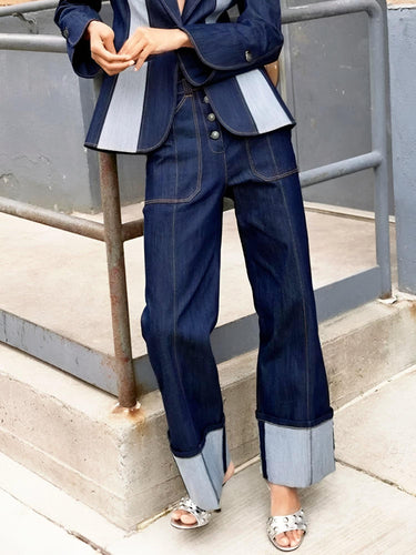 Women's Straight Leg Jeans 2025 Fall New Contrast Color Split-Joint High Waist Loose Fit Pants Buttoned Casual Trousers, Drestiny, Jeans, Casual Pants, Dark Blue, Deep Blue, S, M, L, XL, XXL, 2XL, 4, 6, 8, 10, 12, 14, United States, United Kingdom, FR, shopdrestiny.com